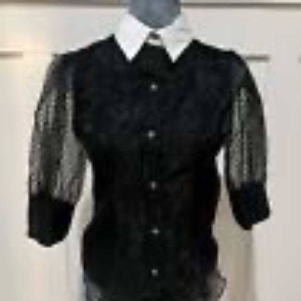 NWT ZARA Women's Black Sheer Swiss Dotted Blouse with White Collar - Size S